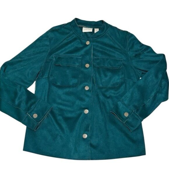Chico’s Faux Suede Emerald Green Jacket Women’s XS | Gold Button Blazer - Picture 4 of 12